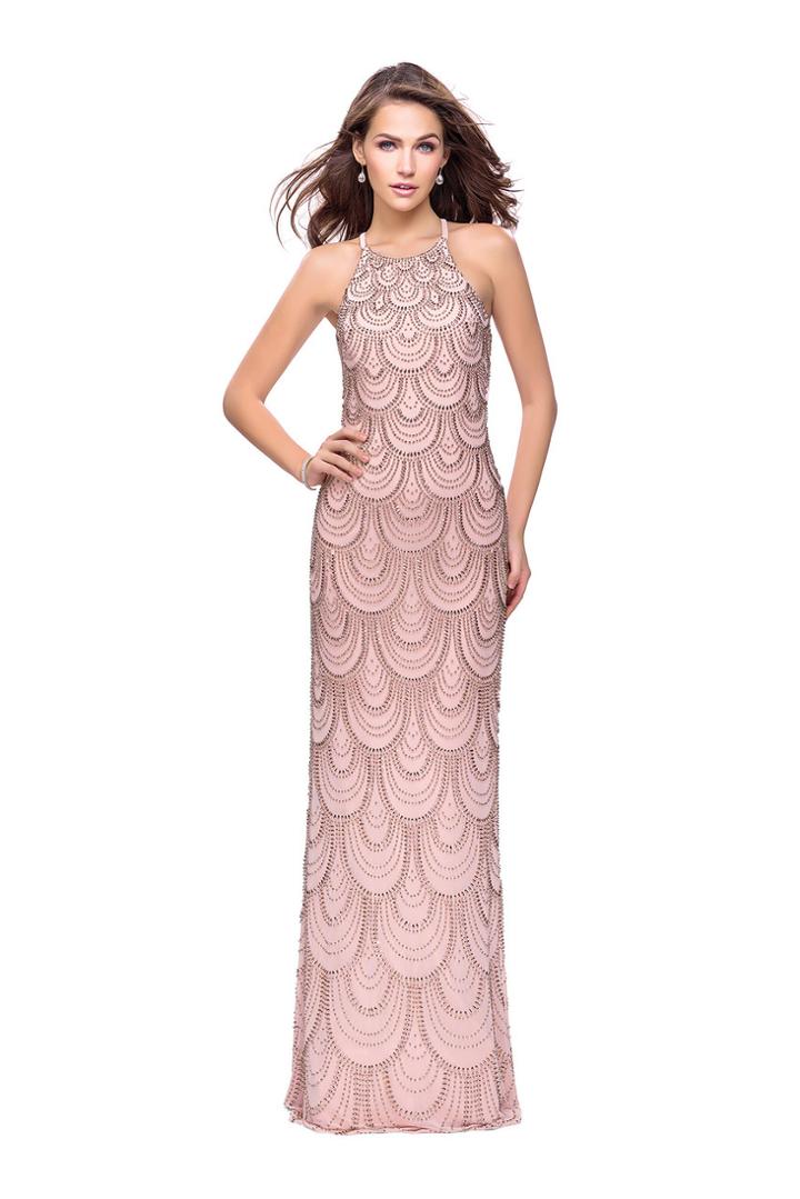 La Femme - 26030 Halter Neck Scallop Embellished Sheath Gown