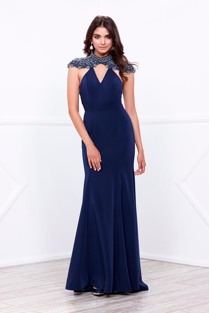 Nox Anabel - Beaded High Neck Long Evening Gown With Crisscrossed Mesh Open Back 8293