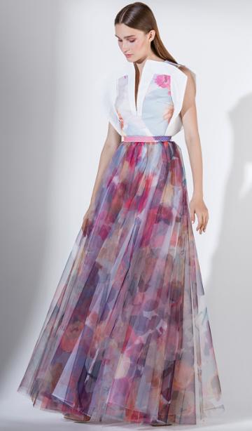 Saiid Kobeisy - 3431 V-neck Multi-colored Brocade And Tulle Dress