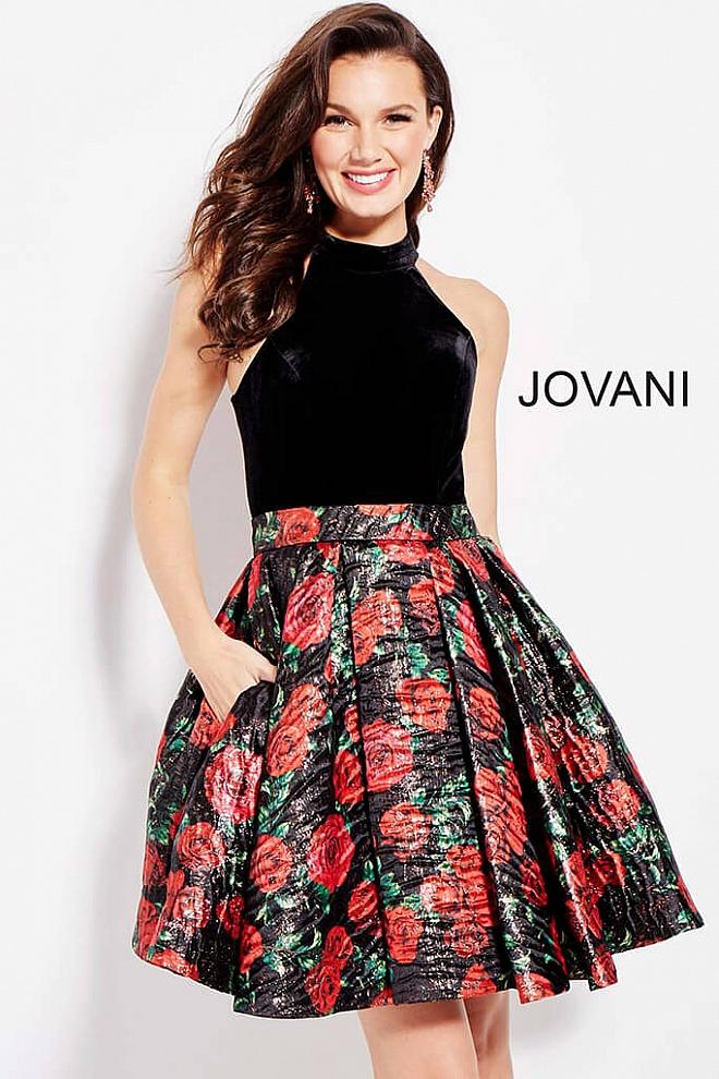 Jovani - 55056 High Neck Floral Skirt Short Party Dress