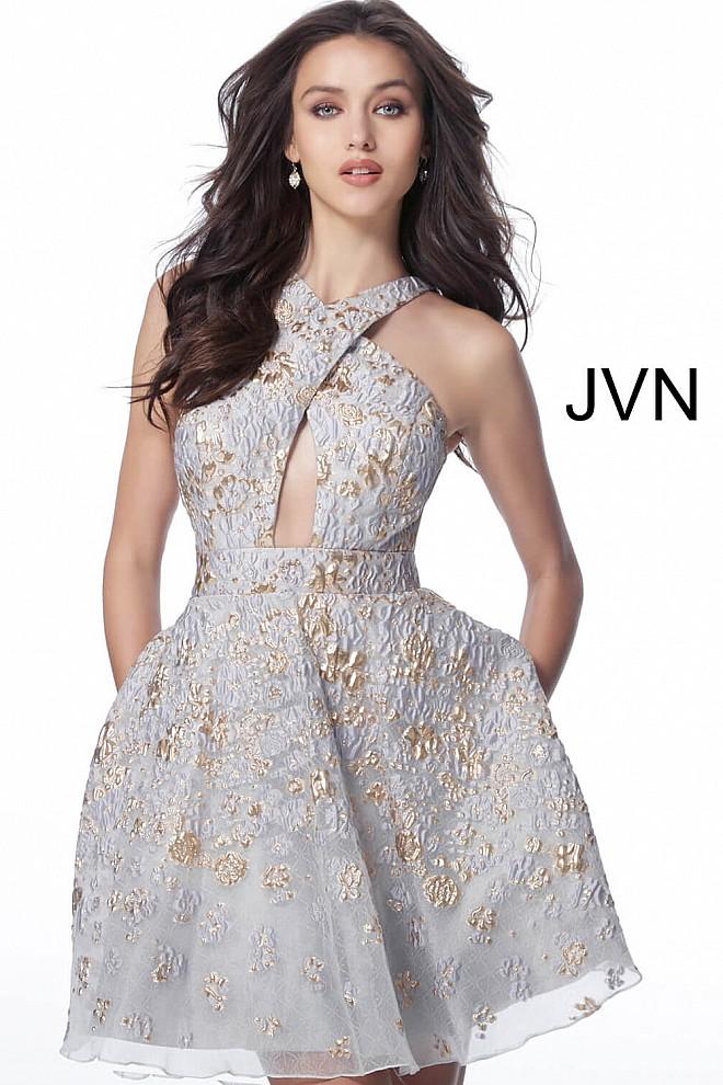 Jovani - Jvn62459 Embroidered Cross Halter Neck A-line Dress