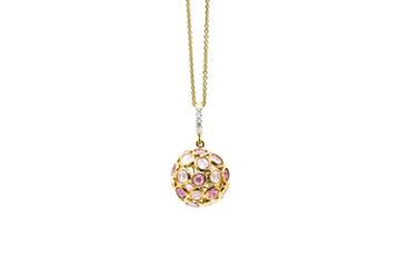 Tresor Collection - Oregami Rainbow Moon, Pink Tourmaline & Diamon Sphere Ball Pendant In 18k Yellow Gold