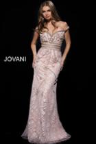 Jovani - 53037 Floral Appliqued Embroidered Off Shoulder Dress