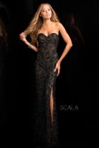 Scala - 48674 Sweetheart Beaded Prom Dress With Front Slit