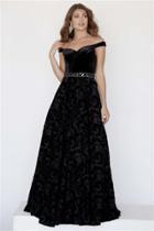 Jolene Collection - 18071 Off-shoulder Ornate Waist Velvet A-line Gown