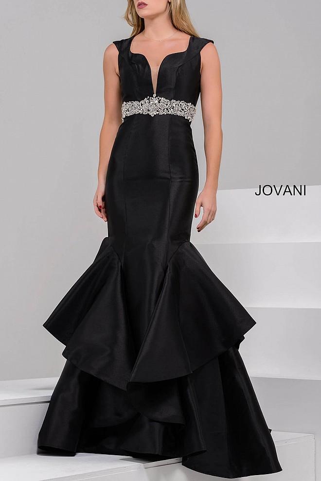 Jovani - Jeweled V-neck Mikado Mermaid Dress 28124