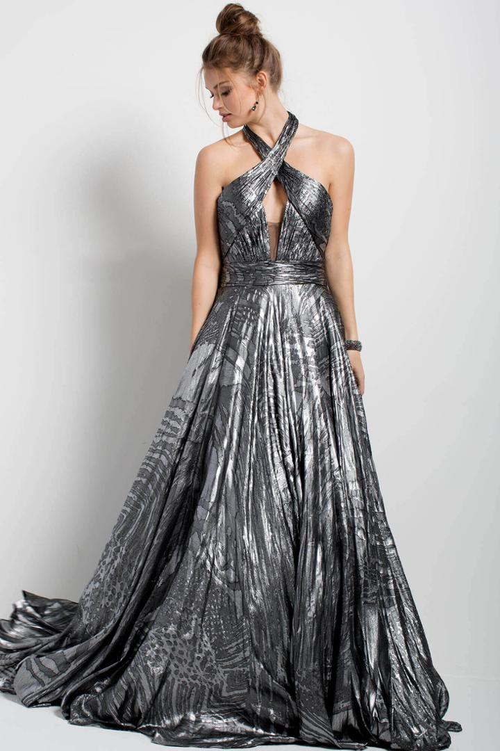 Jovani - 55143 Halter Neck Metallic Evening Gown