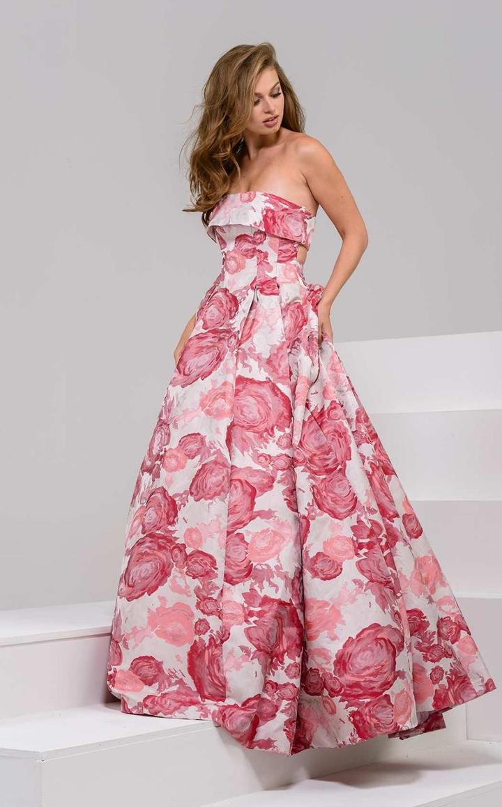 Jovani - 39743 Strapless Floral Pleated A Line Gown