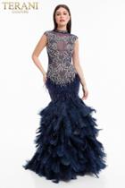 Terani Couture - 1821gl7415 Jeweled High Neck Feather Ornate Gown