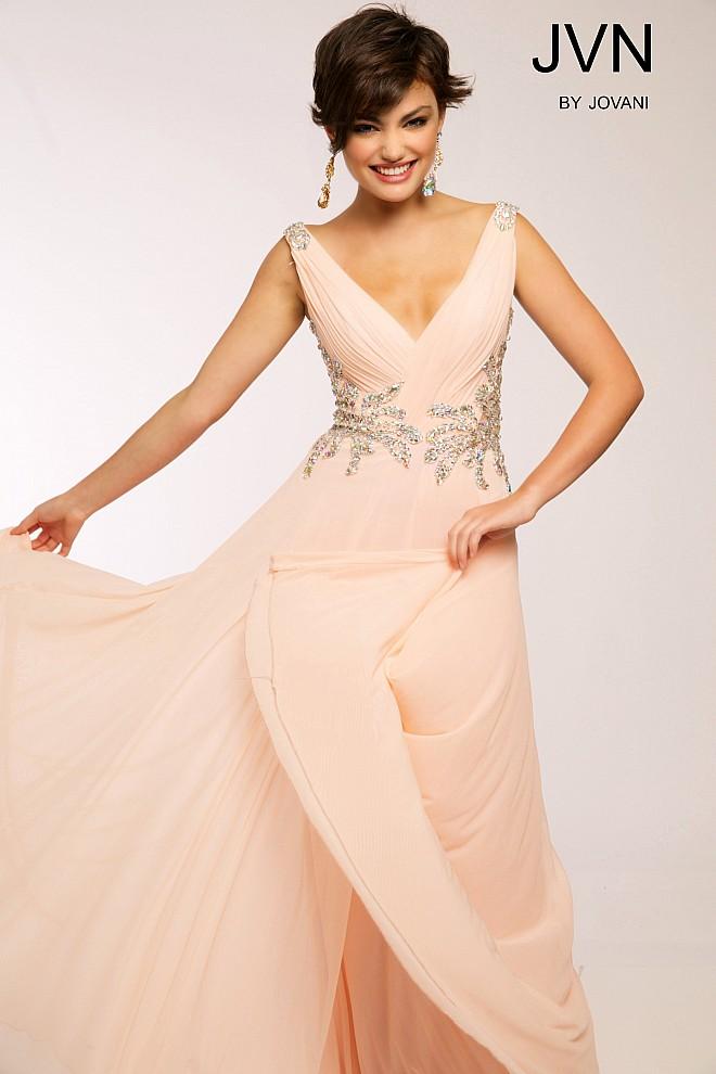 Jovani - Sleeveless V Neck Chiffon Long Dress With Astonishing Crystal Embellishment Jvn99401