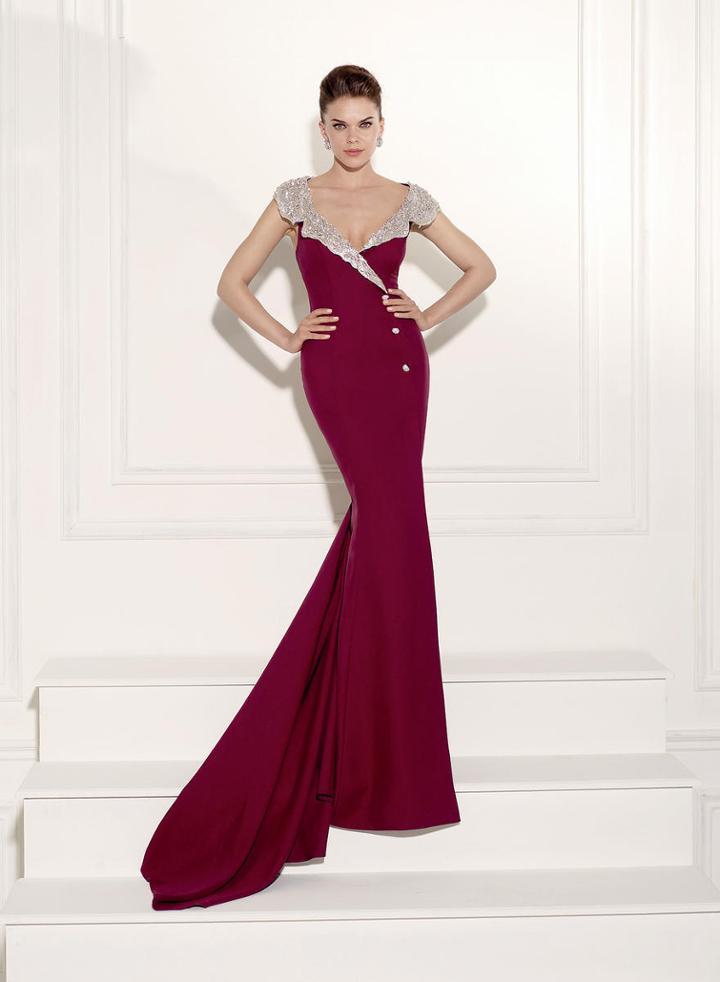 Tarik Ediz - Embellished Scalloped Collar Long Dress 92474