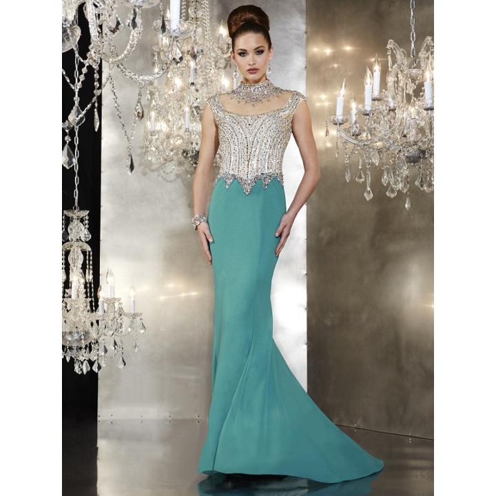 Panoply - 44266 High Neck Ab Stone Embellished Trumpet Gown