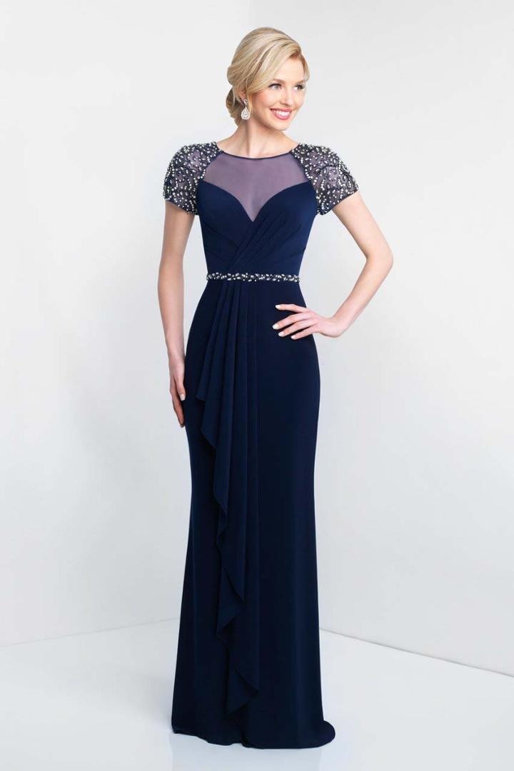 Blush - S2028 Beaded Cap Sleeves Jersey Sheath Gown