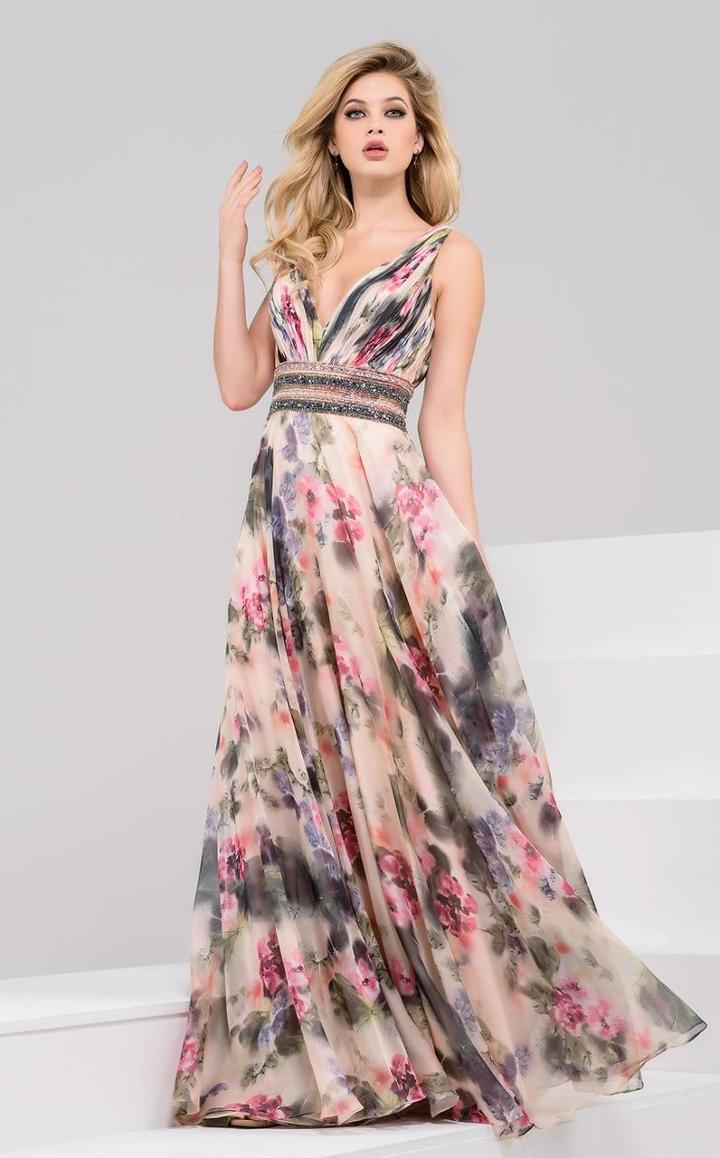 Jovani - 50443 V-neck Floral Print Evening Gown