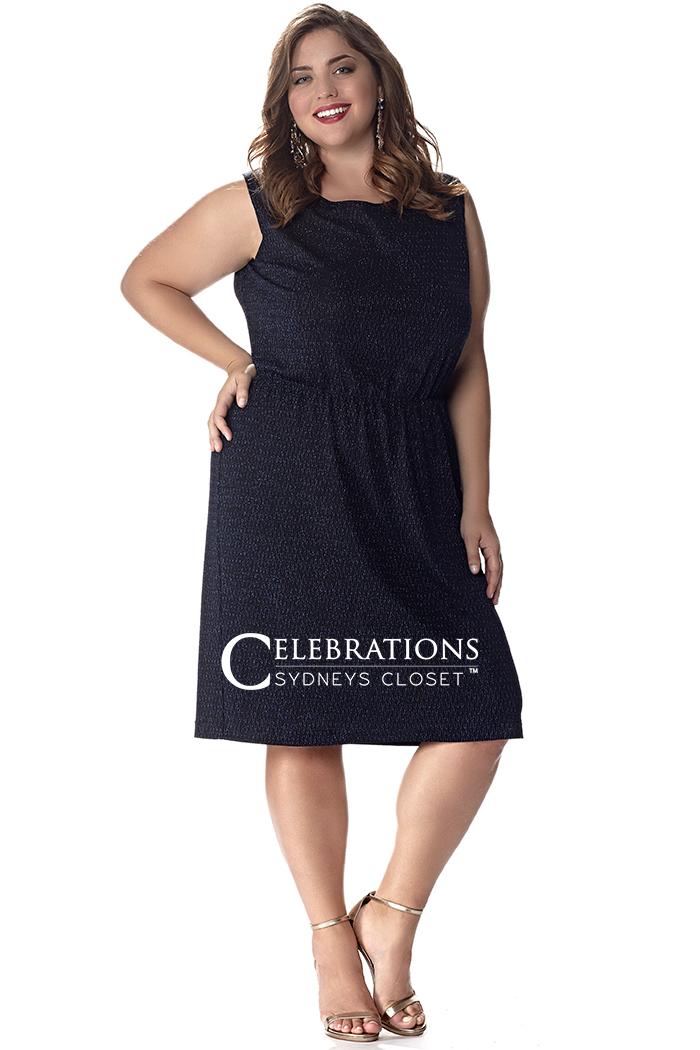 Sydney's Closet - Ce1533 Plus Size Dress In Black/metallic Blue