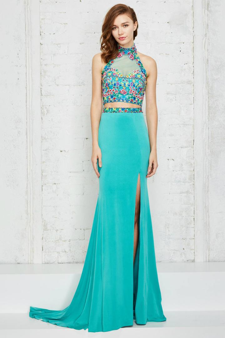 Angela And Alison - 771124 Floral Embroidered Halter Two-piece Dress