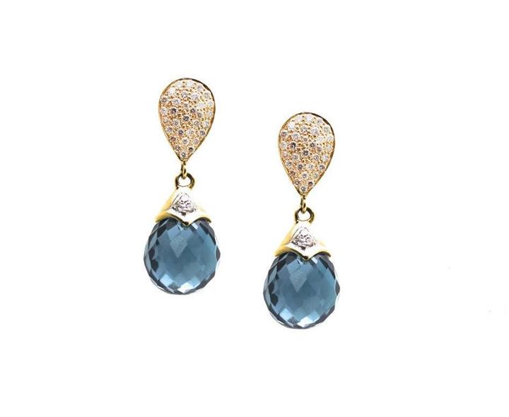 Tresor Collection - London Blue Topaz Briolette & Diamond Pave Top Earring In 18k Yellow Gold