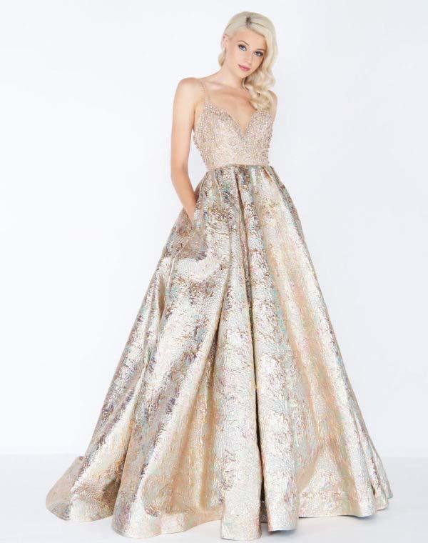 Mac Duggal - 2010m Gilded Deep V-neck Metallic Brocade Ballgown