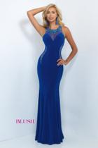 Blush - Bedazzled Jewel Neck Jersey Sheath Dress 11080