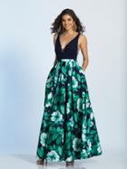 Dave & Johnny - A4912 Plunging Pleated Floral Gown