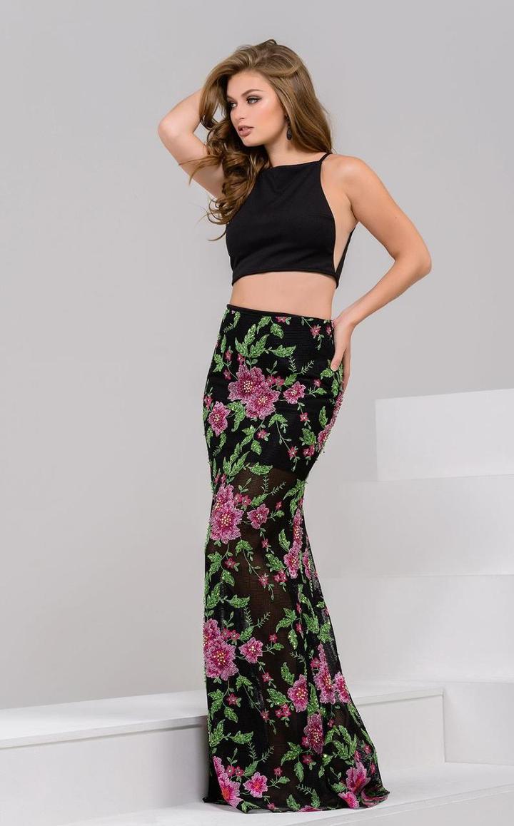 Jovani - 48961 Halter Neck Floral Two-piece Evening Gown