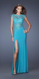 La Femme - 19918 Sheer Floral Lace Gown With Slit