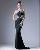 Cinderella Divine - Sleeveless Beaded Halter Jersey Sheath Dress