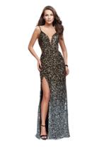 La Femme - 26000 Plunging Ombre Sequined Slit Evening Gown