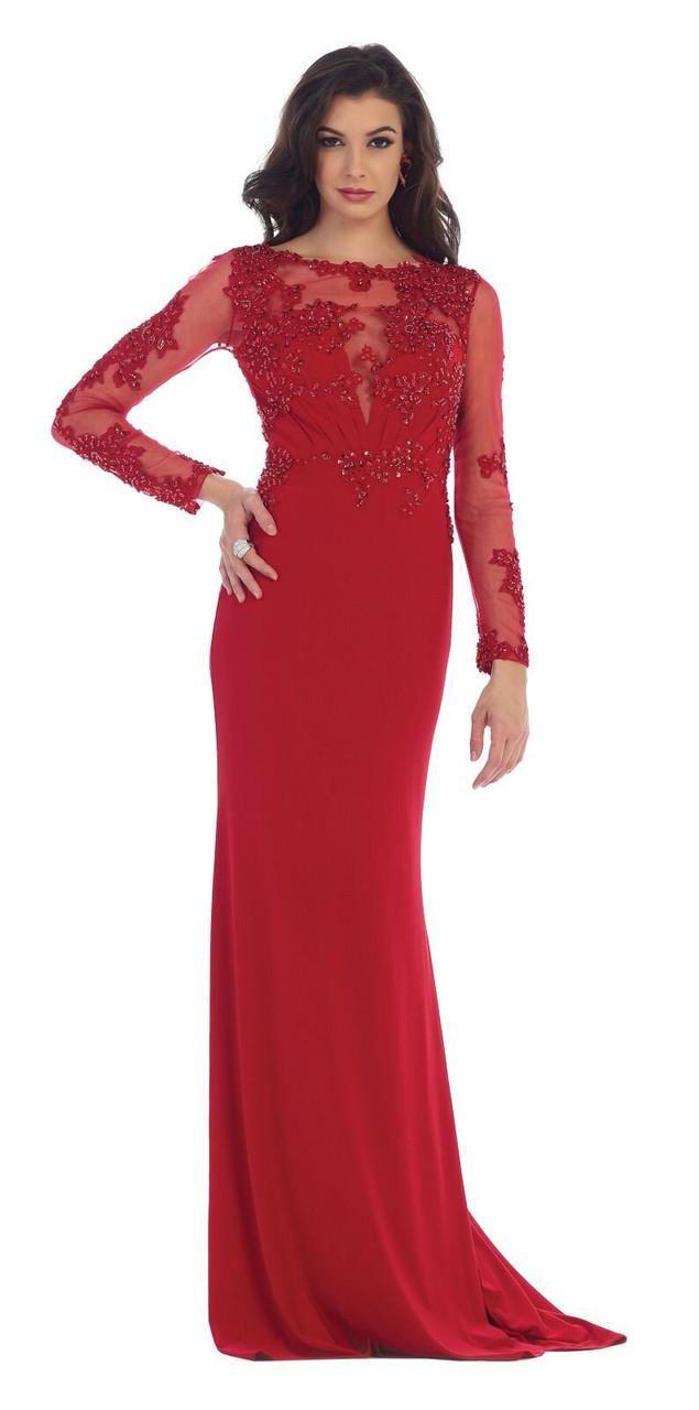 Long Sleeve Lace Applique Long Dress