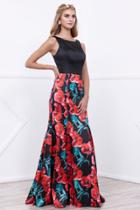 Sleeveless Semi-mermaid Long Black Prom Dress With Floral Print