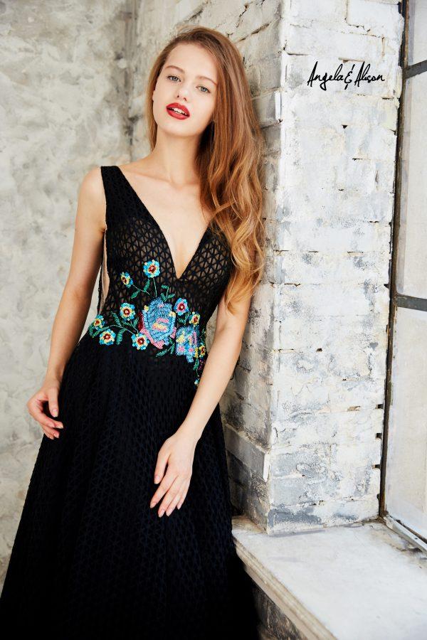 Angela And Alison - Floral Applique V-neck Long Evening Gown 771014