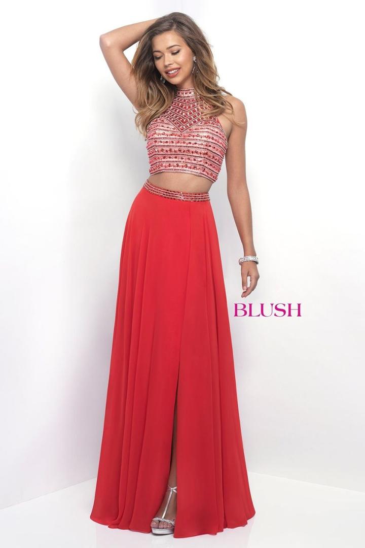 Blush - Jeweled Halter Two Piece Chiffon Dress 11329