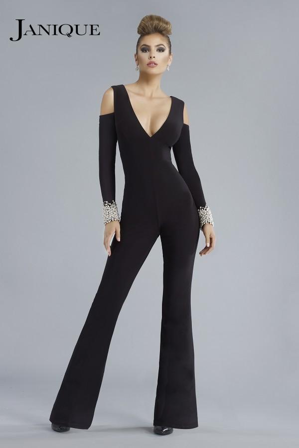 Janique - Sleek Pearl Embellished Long Sleeved Pantsuit K6583