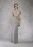 Janique - W1683 Embellished Illusion Bateau Fringe Sheath Gown