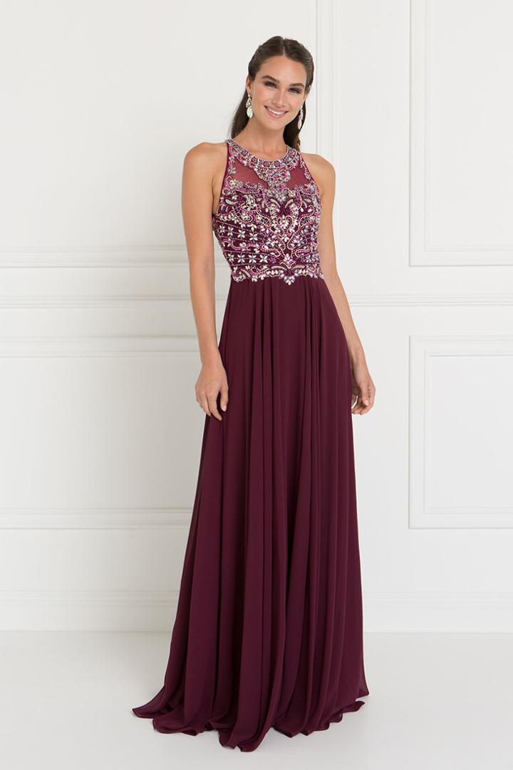 Elizabeth K - Gl1564 Bedazzled Illusion Halter Chiffon A-line Dress