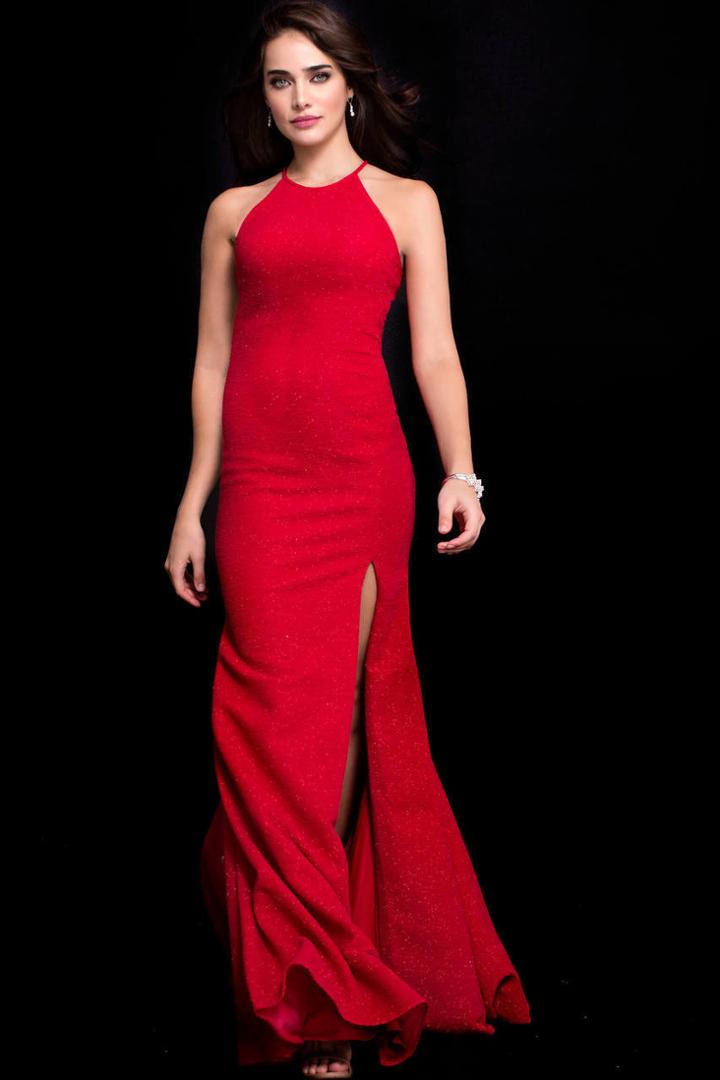 Jovani - 59884 High Halter Glitter Jersey Sheath Gown