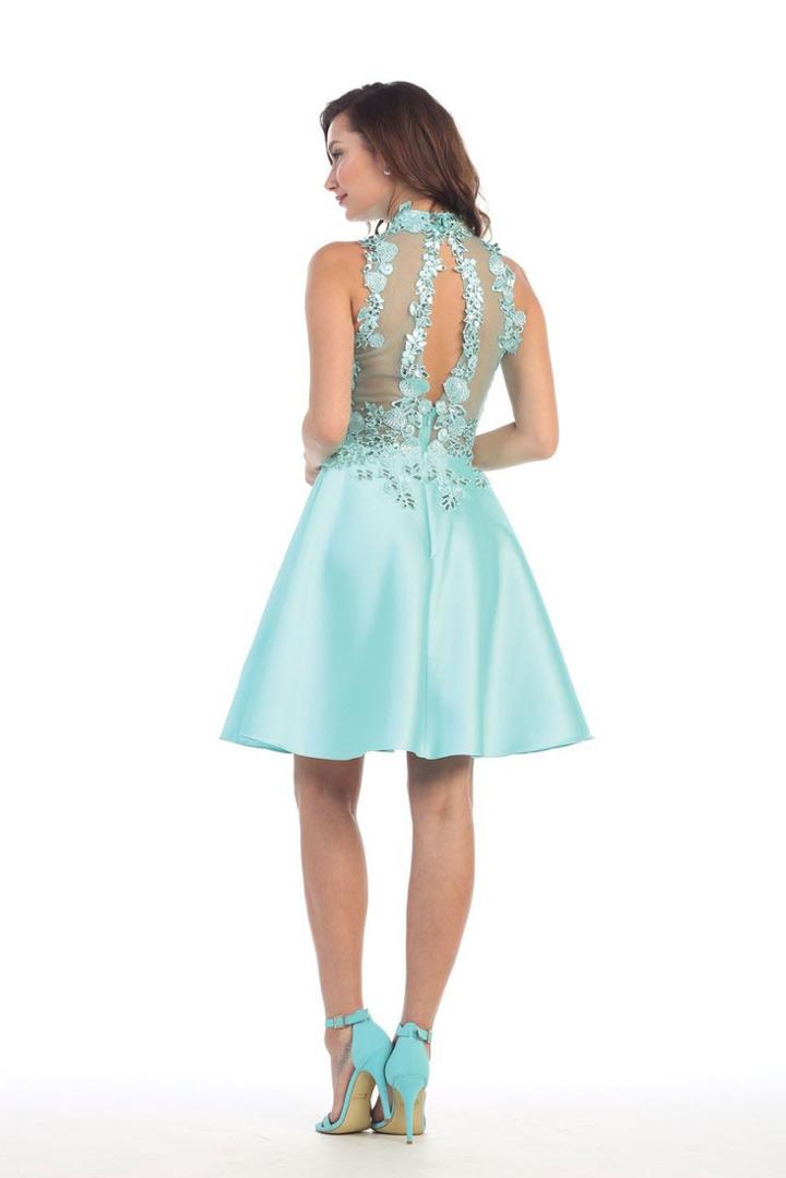 May Queen - Sleeveless Floral Laced High Neck Short A-line Dress Mq1274