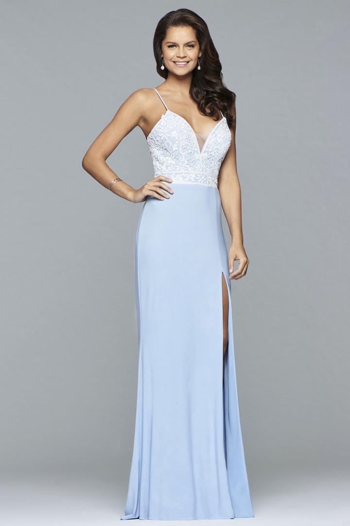 Faviana - S10051 Deep V-neck Full-length Jersey Gown