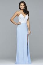 Faviana - S10051 Deep V-neck Full-length Jersey Gown