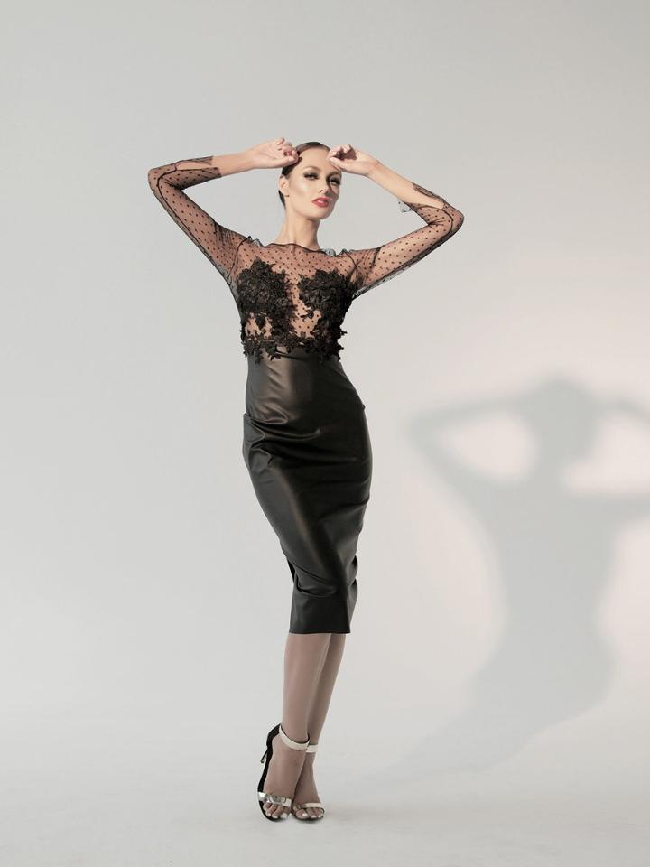 Nicole Bakti - 590 Sheer Floral Leather Tea Length Dress