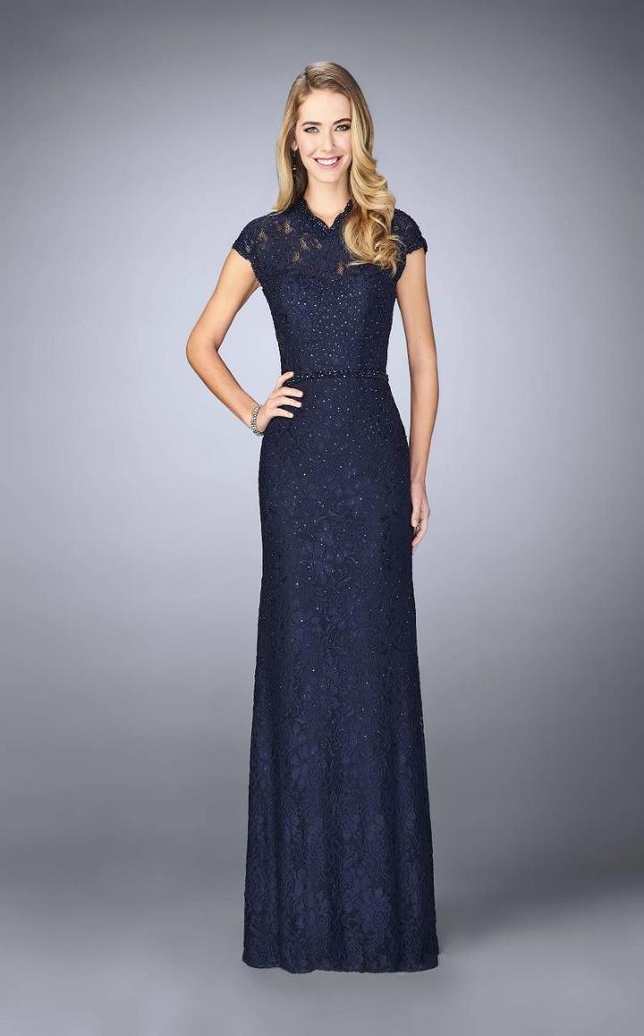 La Femme - 23148 Lace High Neck Cap Sleeves Sheath Evening Gown