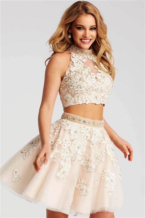 Jovani - 53087 Nude Lace Two Piece Short Dress