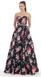 May Queen - Strapless With Rhinestone Waistband Floral Print Ball Gown Rq7425