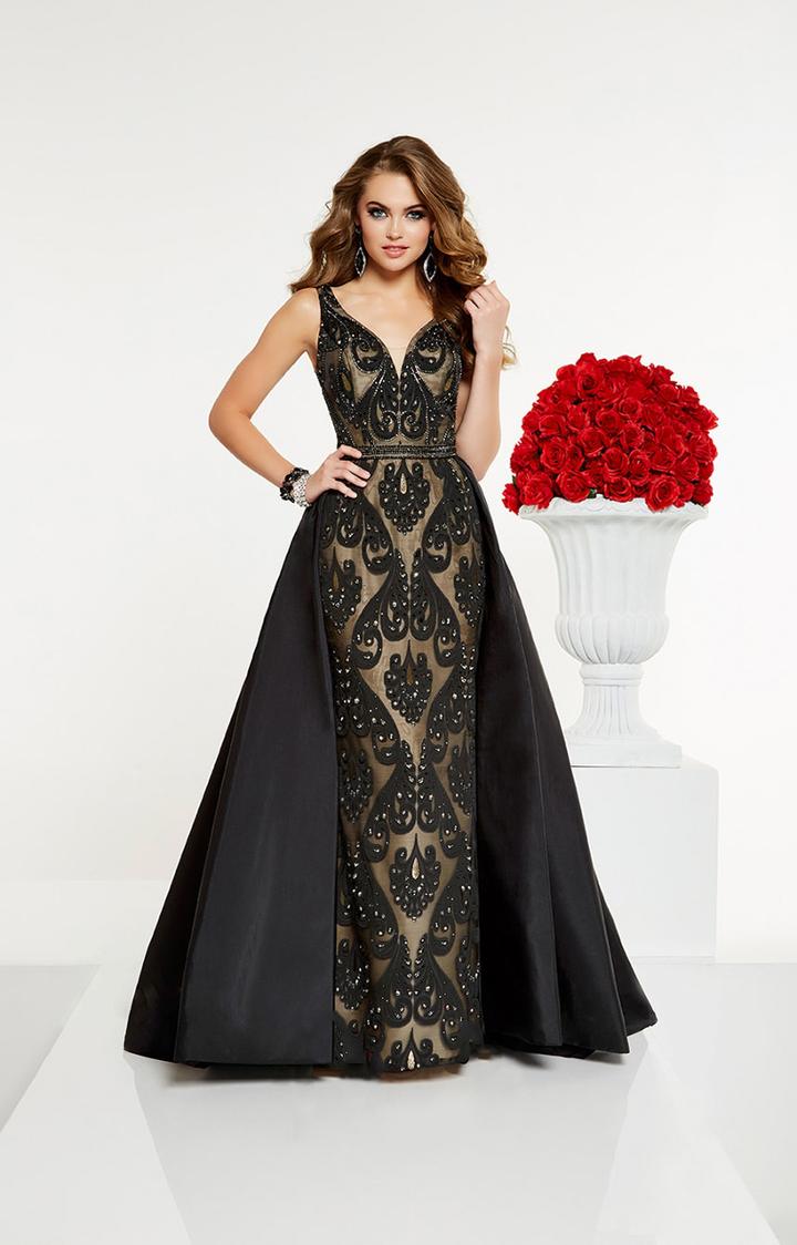 Panoply - 14895 Embroidered Plunging V-neck Dress With Overskirt