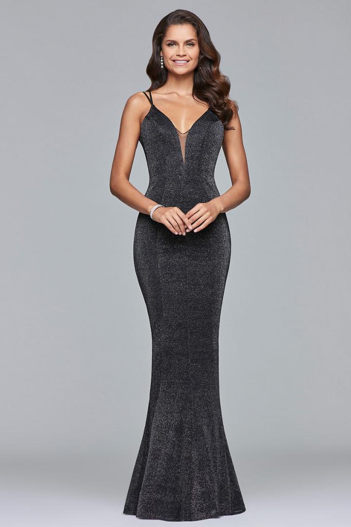 Faviana - 10076 Plunging Glitter Jersey Long Gown