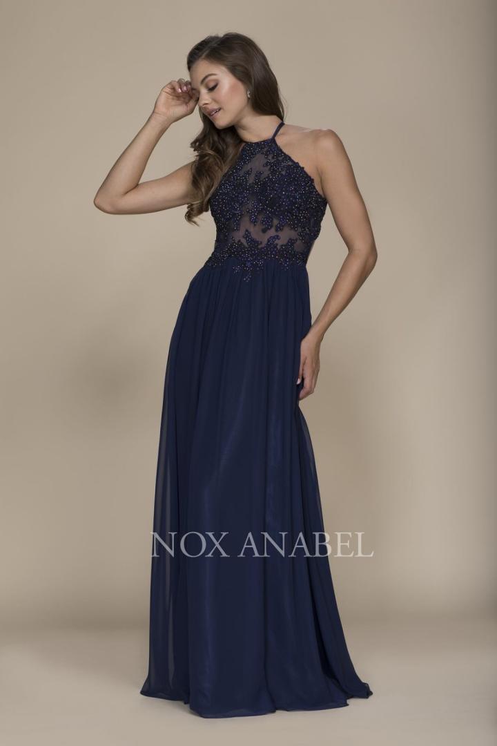 Nox Anabel - G096 Beaded Lace Halter Chiffon A-lien Dress