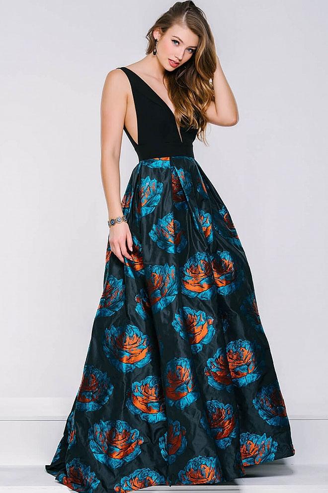 Jovani - 43081 Deep V-neck Printed A-line Dress