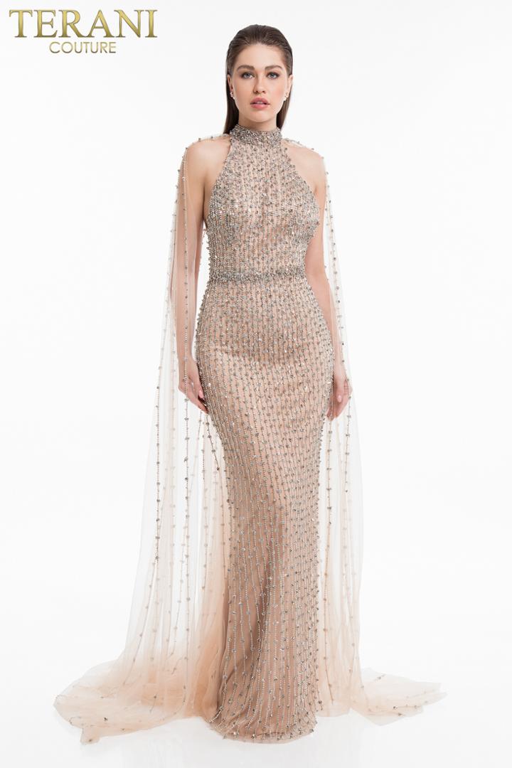 Terani Couture - 1821gl7424 Bedazzled High Halter Gown With Train
