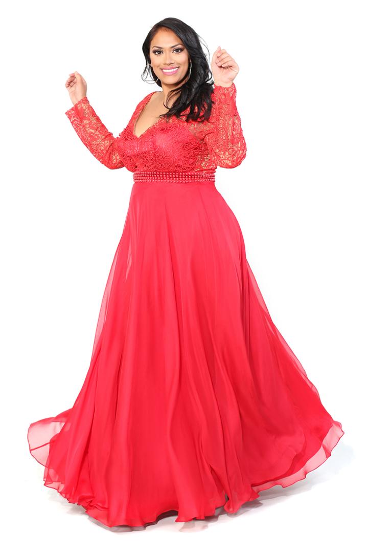 Kurves By Kimi - Beaded And Laced Long Sleeve V-neck A-line Dress 7002