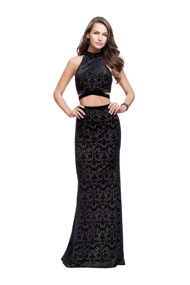 La Femme - 25589 High Neck Two-piece Velvet Sheath Gown